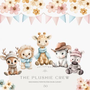 Animais de pelúcia fofos, brinquedos de pelúcia, aquarela, vintage, retrô, boho, berçário, safári, floresta, fazenda, animais de estimação, uso comercial, clipart