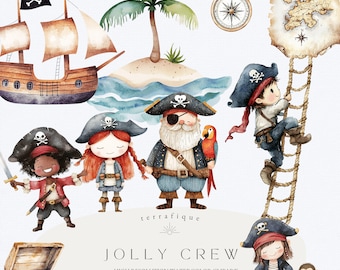 Puede incluir: Conjunto de clipart de acuarela de una alegre tripulación de piratas con un barco pirata, un cofre del tesoro, una palmera, una brújula, un mapa y una escalera. Los piratas llevan bandanas rojas, parches negros en los ojos y sostienen espadas. El conjunto es perfecto para crear manualidades, invitaciones y decoraciones con temática pirata.