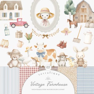 Peut inclure: Ensemble de cliparts aquarelle sur le thème d'une ferme vintage. Comprend des illustrations d'une maison, d'une grange, d'animaux comme une vache et un lapin, et des éléments décoratifs tels que des chapeaux, des bottes et un camion. Le texte "Vintage Farmhouse" est également inclus.