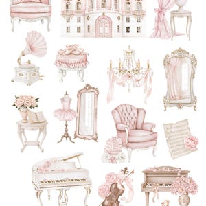 May include: Watercolor clipart featuring ballet-themed illustrations. Includes a pink armchair, a building, a gramophone, a piano, a violin, a ballet barre, a mirror, a tutu, a duffel bag, and other decorative elements. The text "Little Ballet Academy" is at the top.