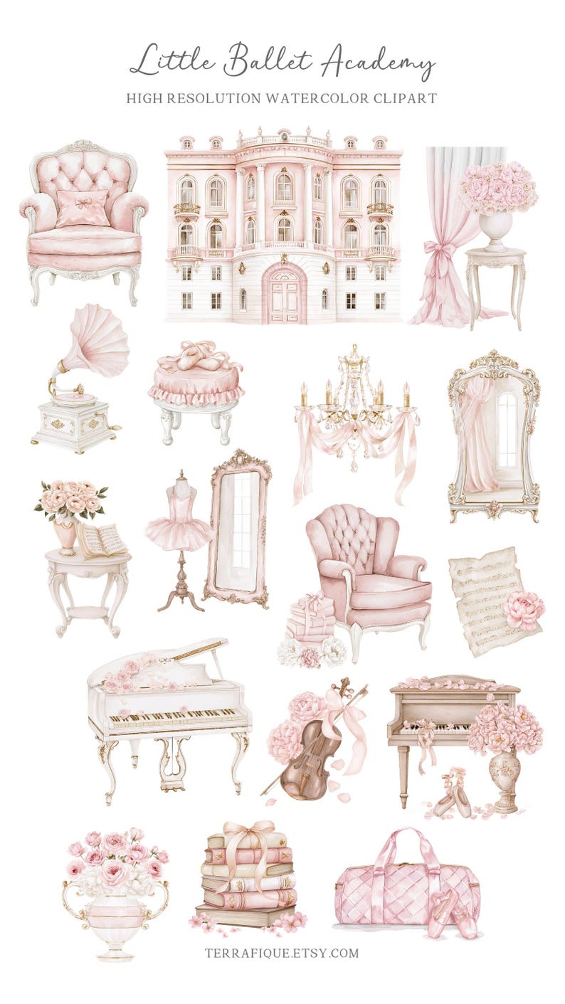 May include: Watercolor clipart featuring ballet-themed illustrations. Includes a pink armchair, a building, a gramophone, a piano, a violin, a ballet barre, a mirror, a tutu, a duffel bag, and other decorative elements. The text "Little Ballet Academy" is at the top.