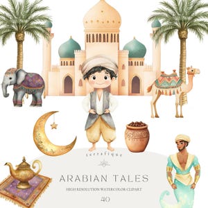 Arabische verhalen clipart grillige aquarel fantasie mythologie magische lamp geest tapijt paleis kameel kinderen kinderen Marokko commercieel gebruik