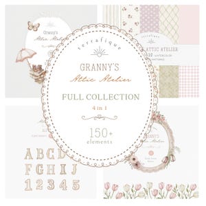 Può includere: Una collezione di arte digitale "Granny's Attic Atelier" con motivi e elementi ad acquerello. L'immagine presenta una cornice ovale centrale con testo, circondata da immagini più piccole di motivi, composizioni floreali e lettere dell'alfabeto.