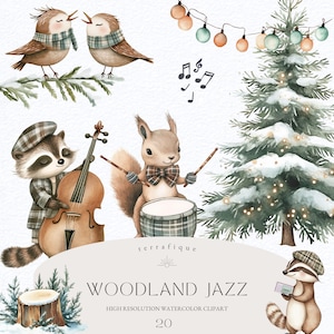Clipart Noël des bois mignons animaux de la forêt fantaisistes Concert de musique jazz aquarelle festif rustique hiver neige pépinière usage Commercial