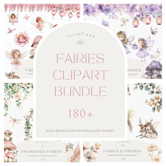 Fairy Watercolor Clipart Bundle: Magic Garden, Cottagecore Animals (Digital Download)