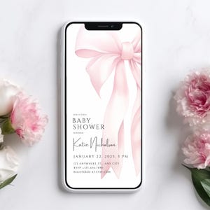 Roze strik babyshower uitnodiging geanimeerde digitale bewerkbare canva sjabloon minimale geavanceerde mobiele smartphone elektronische kaart Evite