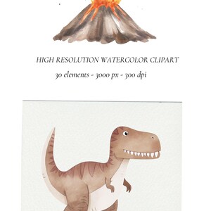 K&ouml;nnte beinhalten: Aquarell-Illustration eines braunen Dinosauriers mit einem Vulkanausbruch im Hintergrund. Der Dinosaurier steht auf einem wei&szlig;en Hintergrund. Der Vulkan ist dunkelgrau mit orangefarbenen und gelben Flammen, die aus dem Gipfel ausbrechen.