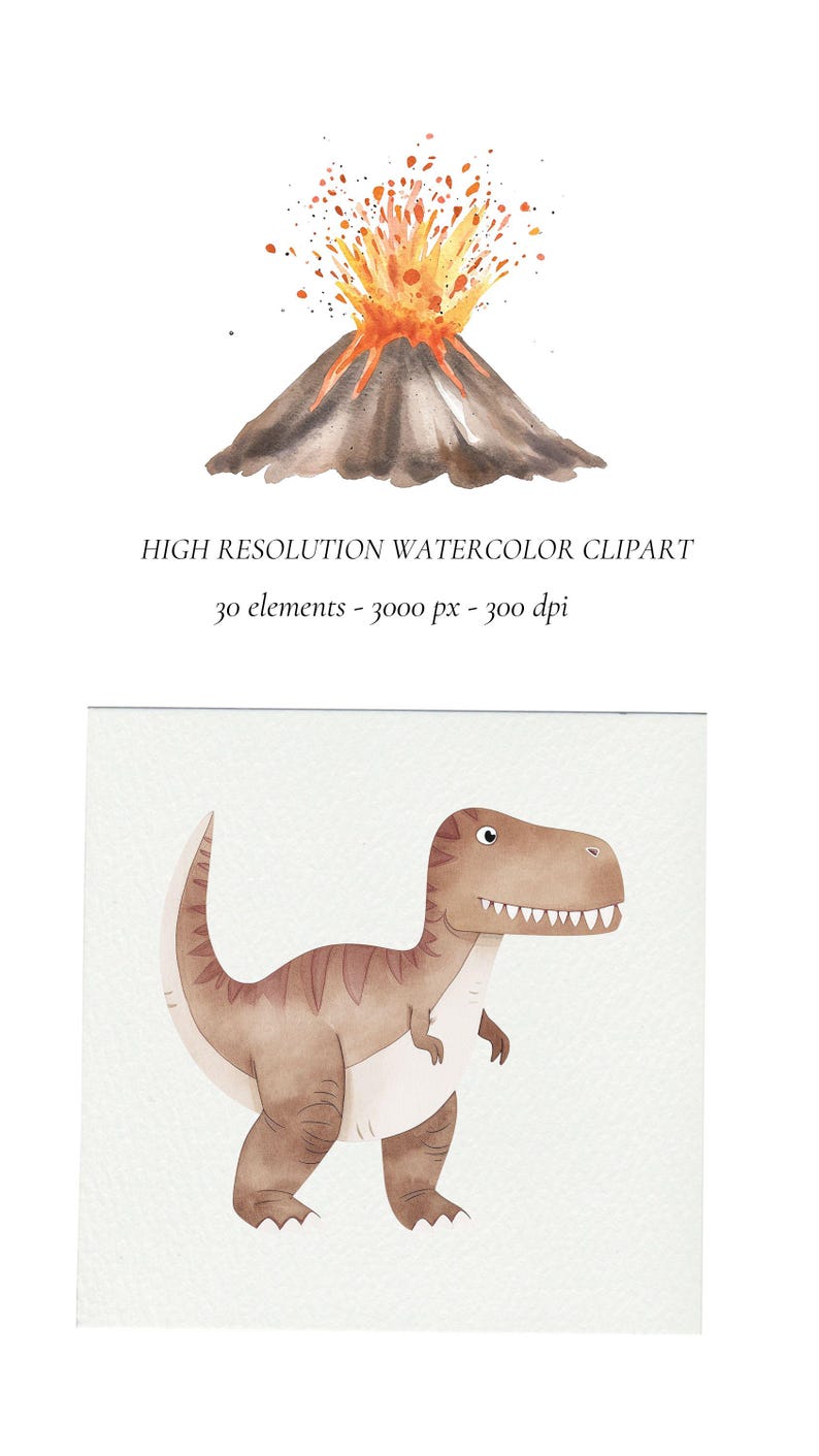 K&ouml;nnte beinhalten: Aquarell-Illustration eines braunen Dinosauriers mit einem Vulkanausbruch im Hintergrund. Der Dinosaurier steht auf einem wei&szlig;en Hintergrund. Der Vulkan ist dunkelgrau mit orangefarbenen und gelben Flammen, die aus dem Gipfel ausbrechen.