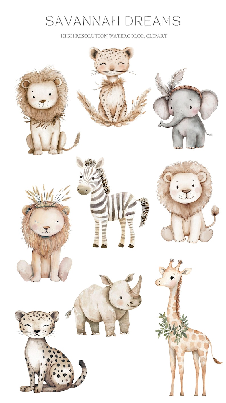 Boho Safari Animals Watercolor Clipart: Baby Shower Invitation (PNG, PDF) image 3