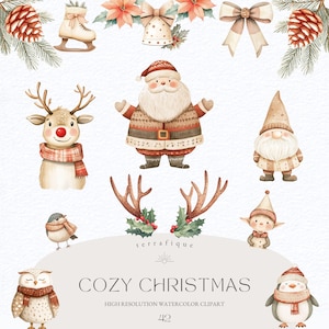 Pacchetto di clipart natalizie carine, stravaganti, animali di Babbo Natale, acquerello, vacanze, festoso, bosco, uso commerciale, file PNG per sublimazione