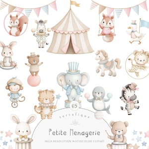 Puede incluir: Ilustración en acuarela de una escena de circo con varios animales, incluyendo una ardilla, una cebra, un oso, un elefante y un tigre. La imagen presenta una carpa de circo, banderines y el texto "Petite Ménagerie".