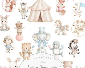 Pastel circus clipart, vintage carnaval dieren png, circuscore kwekerij aquarel graphics, commercieel gebruik digitale download