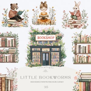 Clipart per amanti dei libri Bambini e animali carini e stravaganti che leggono libri floreali vintage e scaffali per libri Fiori di campo ad acquerello Uso commerciale gratuito