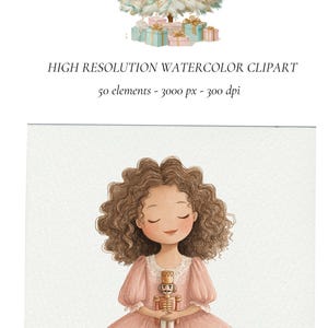 K&ouml;nnte beinhalten: Aquarell-Illustration eines Weihnachtsbaums mit Dekorationen und Geschenken. Ein M&auml;dchen in einem rosa Kleid h&auml;lt einen Nussknacker. Das Bild enth&auml;lt den Text "HIGH RESOLUTION WATERCOLOR CLIPART" und "50 elements - 3000 px - 300 dpi".