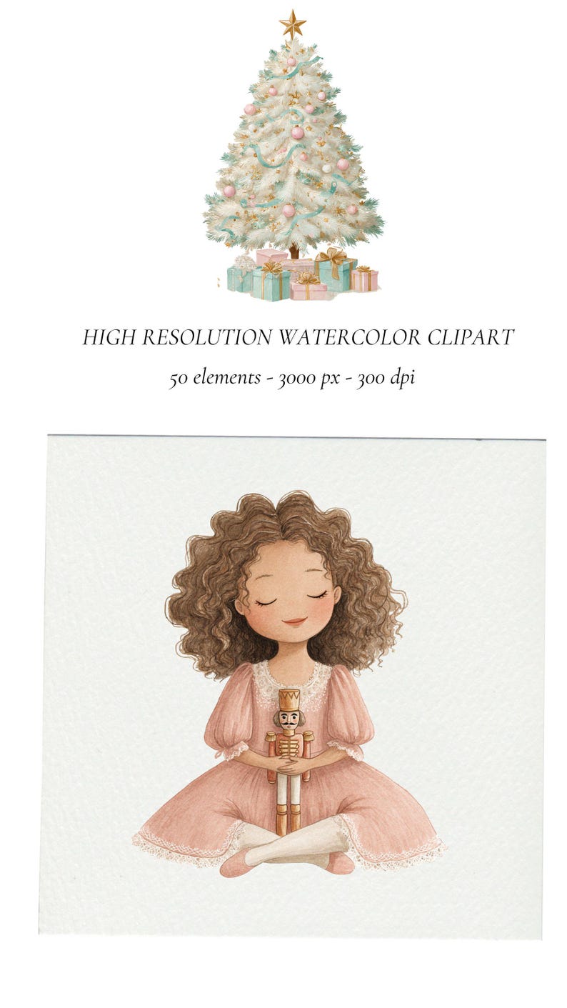K&ouml;nnte beinhalten: Aquarell-Illustration eines Weihnachtsbaums mit Dekorationen und Geschenken. Ein M&auml;dchen in einem rosa Kleid h&auml;lt einen Nussknacker. Das Bild enth&auml;lt den Text "HIGH RESOLUTION WATERCOLOR CLIPART" und "50 elements - 3000 px - 300 dpi".