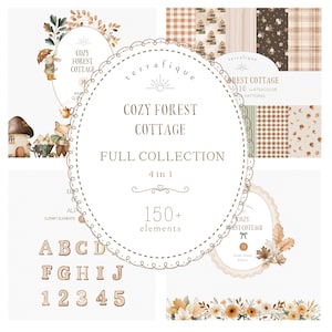 Puede incluir: Una colección de arte digital titulada "Cozy Forest Cottage" con patrones de acuarela, elementos de clipart y un alfabeto. La imagen presenta ilustraciones de criaturas del bosque, setas y arreglos florales. La colección incluye más de 150 elementos.