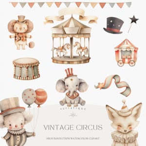 Lindo paquete de imágenes prediseñadas de circo vintage con animales de acuarela, globos, payaso, guardería, baby shower, fiesta de cumpleaños, invitación, uso comercial