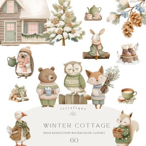 Cottagecore Winter Clipart: Cozy Animals, Berries PNG (Commercial Use)