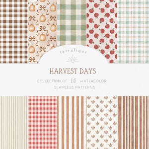 May include: A digital collection of 10 watercolor seamless patterns titled Harvest Days by terrafique. The designs feature brown and white gingham, pumpkins with bows, green plaid, red apples, sage plaid, stripes, and botanical motifs in various colors.