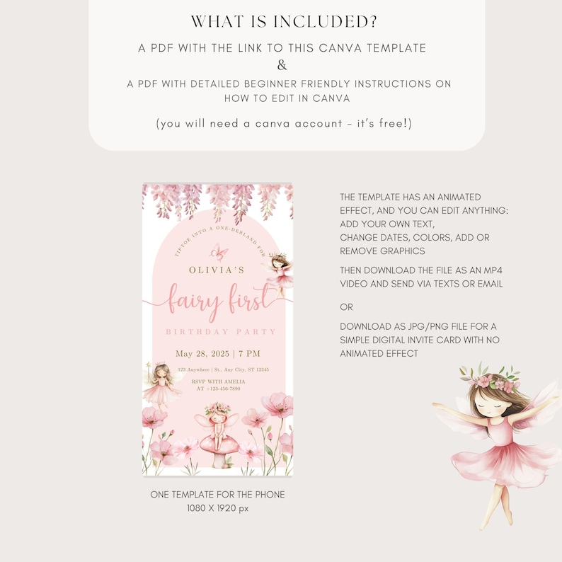 May include: A digital invitation template for a fairy-themed birthday party. The design features a pink and white color scheme with floral and fairy illustrations. The text includes the name "Olivia's" and party details.