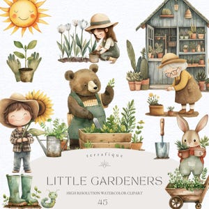 Lindo jardín Clipart Primavera Jardinería Caprichoso Niños Animales Herramientas Plantas Vegetación País Rústico Agricultura Clipart Uso comercial