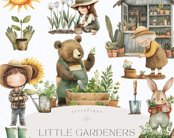 Puede incluir: Conjunto de clipart de acuarela con una variedad de personajes y objetos relacionados con la jardinería. El conjunto incluye un oso, una niña, un conejito, una mujer mayor, un niño, un girasol, una regadera, una carretilla, un cobertizo de jardín y varias plantas. El texto "LITTLE GARDENERS" y "HIGH RESOLUTION WATERCOLOR CLIPART 45" está incluido en la imagen.