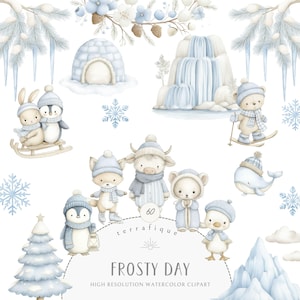 Op de afbeelding: Watercolor clipart set met winterthema-illustraties. Bevat een konijn en een pinguïn op een slee, een beer die skiet en andere dieren in winterkleding. De zin "Frosty Day" wordt weergegeven, samen met de tekst "High Resolution Watercolor Clipart."