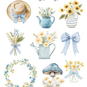 Może przedstawiać: Aquarelowe ilustracje letnich dekoracji domk&oacute;w, w tym wieniec, grzyb, kapelusz, czajnik, konewka, słoik, bukiet lawendy i kokardki w niebiesko-ż&oacute;łte kratki.