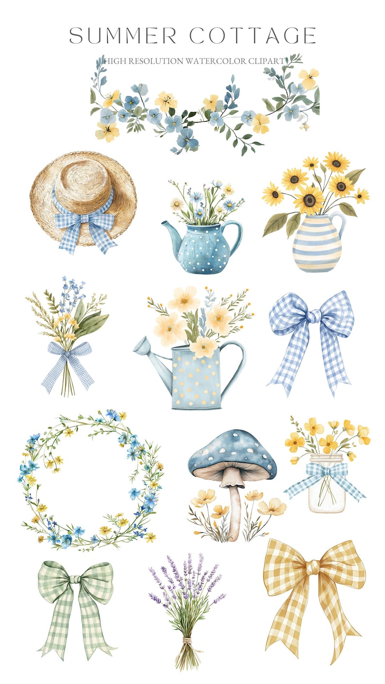 Może przedstawiać: Aquarelowe ilustracje letnich dekoracji domk&oacute;w, w tym wieniec, grzyb, kapelusz, czajnik, konewka, słoik, bukiet lawendy i kokardki w niebiesko-ż&oacute;łte kratki.