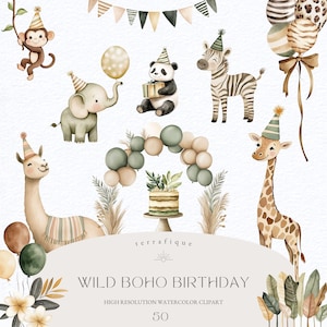 Aniversário Clipart Bebê Safari Tropical Selva Festa Animais Caprichoso Aquarela Boho Decoração de Aniversário Cupcake Balões Vida Selvagem Chá de Bebê