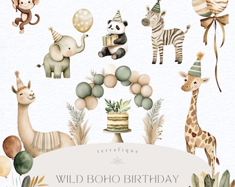 Clipart de cumpleaños de safari: Animales de la selva bohemios, globos (descarga digital)