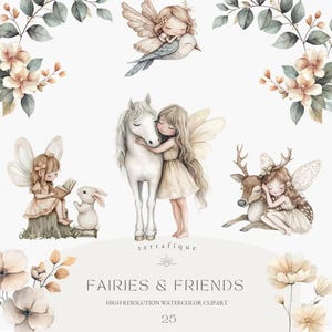May include: A set of 25 watercolor clipart images featuring fairies and their animal friends. The images include a fairy reading to a rabbit, a fairy hugging a unicorn, a fairy sleeping with a deer, and a fairy flying with a bird. The images are perfect for adding a touch of whimsy to your projects.