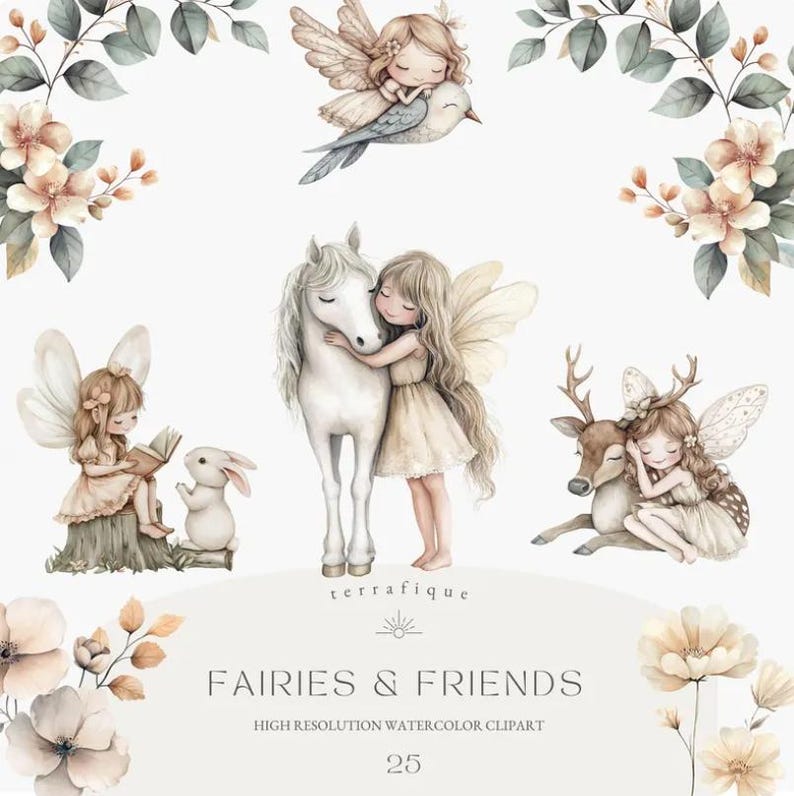 May include: A set of 25 watercolor clipart images featuring fairies and their animal friends. The images include a fairy reading to a rabbit, a fairy hugging a unicorn, a fairy sleeping with a deer, and a fairy flying with a bird. The images are perfect for adding a touch of whimsy to your projects.