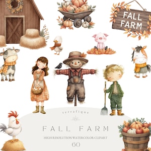 Herbst Herbst Bauernhof Clipart Bundle niedlich Kinder Tiere Kürbisse Landschaft ländlichen wunderlichen Aquarell Kindergarten Geburtstag lädt Sublimation PNG ein