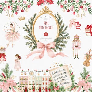 Op de afbeelding: Een collectie aquarelillustraties met een ballerina, een notenkraker, een muis in uniform, een viool, balletschoenen, een cadeau, een bladmuziekpagina en huizen, omlijst door dennentakken en roze strikken.
