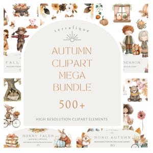 Puede incluir: Un mega paquete de imágenes prediseñadas digitales con temática otoñal, con más de 500 elementos de alta resolución. La imagen presenta ilustraciones en acuarela de escenas de otoño, incluyendo calabazas, animales y personajes de temporada. El texto incluye "Autumn Clipart Mega Bundle".
