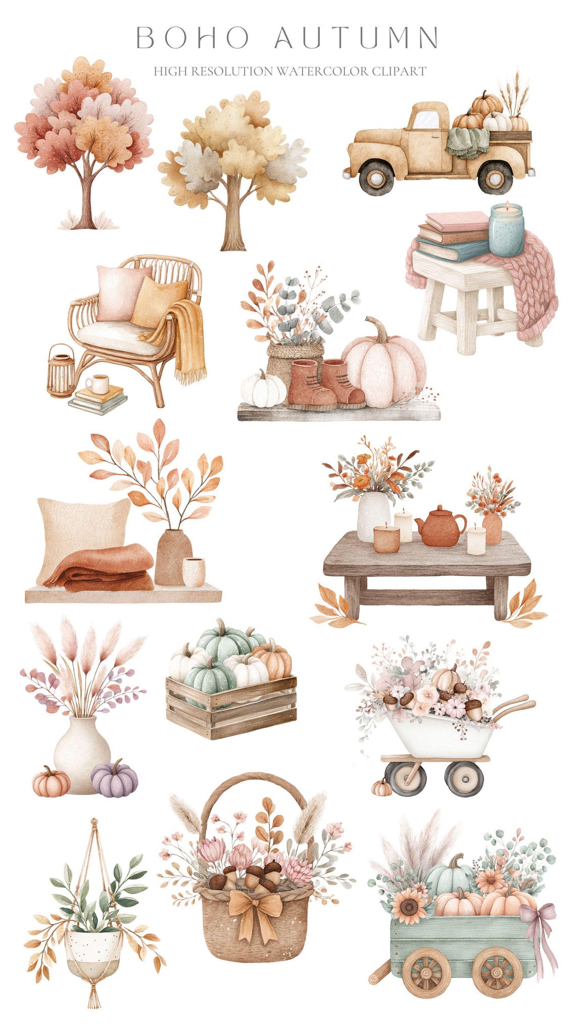 Boho Autumn Clipart, Watercolor Fall Bears Pumpkin PNG, Boho Harvest ...