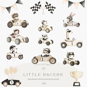 Lindos corredores Clipart Primera vuelta Cumpleaños Carreras Animales Niño Niña Retro Vintage Coche de carreras Bandera Casco Bebé Niño Corredor Invitación Uso comercial
