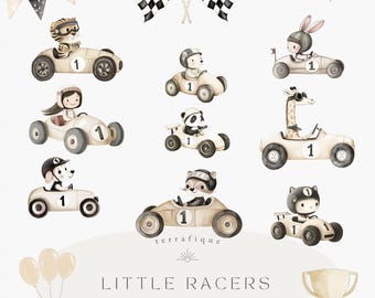 Retro Racing Animals Clipart: First Lap Birthday Party (Digital Download)
