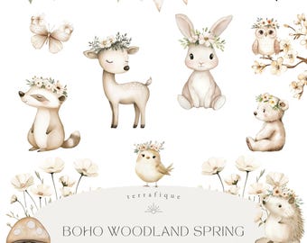 Pode incluir: Um conjunto de 20 imagens de clipart de aquarela com animais da floresta com coroas de flores. Os animais incluem um veado, um coelho, um guaxinim, um urso, um pássaro e um ouriço. As imagens são perfeitas para criar convites, cartões e outras artesanato.