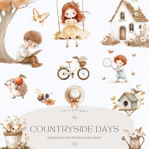 Lindo y caprichoso clipart de acuarela para niños, campo, primavera, cottagecore, animales del bosque, decoración de guardería, vintage, PNG, uso comercial