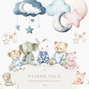 Lindos animales soñolientos Clipart Pastel Pijama Arte de pared de ensueño para guardería León Koala Oso Nubes Luna Estrellas PNG Uso comercial Fiesta de baby shower