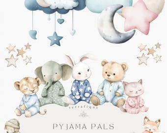 Sleepy Animals Clipart: Pastel Pajama Nursery Art (PNG Digital Download)