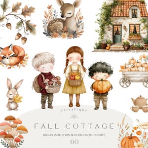 Clipart de otoño, lindos animales de otoño, estilo cottagecore, florales, acuarela, rústico, caprichoso, guinga, lunares, guardería, niños, clipart, uso comercial