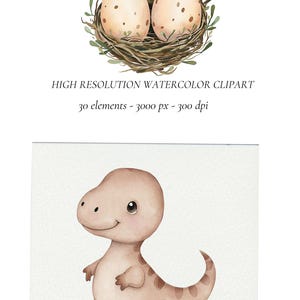 K&ouml;nnte beinhalten: Eine Aquarell-Illustration eines braunen Dinosauriers mit einem Nest aus zwei gefleckten Eiern und gr&uuml;nen Bl&auml;ttern.