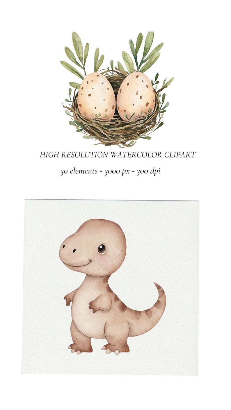 K&ouml;nnte beinhalten: Eine Aquarell-Illustration eines braunen Dinosauriers mit einem Nest aus zwei gefleckten Eiern und gr&uuml;nen Bl&auml;ttern.