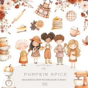 Puede incluir: Ilustración en acuarela con temática de especias de calabaza. La imagen incluye personajes de dibujos animados, productos horneados, utensilios de cocina y detalles florales. El texto en la parte inferior dice "PUMPKIN SPICE" y "HIGH RESOLUTION WATERCOLOR CLIPART 55".