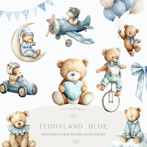 Vintage teddybeer clipart schattige blauwe babyjongen kinderkamer png-afbeeldingen babyshower verjaardag commercieel gebruik aquarel grillig naadloos patroon