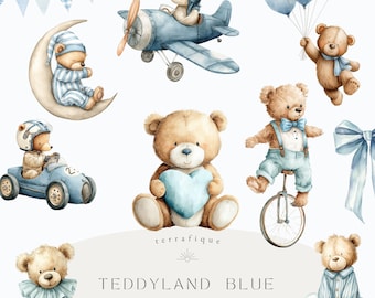 Puede incluir: Conjunto de clipart de acuarela con osos de peluche en varias poses, incluyendo volar un avión, montar en monociclo y dormir en una luna creciente. Los osos están vestidos con ropa azul y blanca y tienen detalles azules. El conjunto también incluye una bandera azul y blanca, globos y un lazo azul.