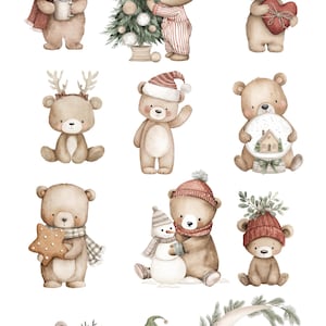 Puede incluir: Clipart de acuarela con varios osos de peluche adorables con atuendos festivos navide&ntilde;os. Los osos se representan con un &aacute;rbol de Navidad, sosteniendo regalos y usando sombreros y bufandas. El texto "BEARY CHRISTMAS" est&aacute; en la parte superior.